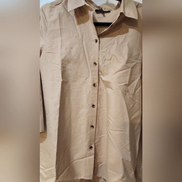 Women's Lafayette 148 NY Tan Button-Up Shirt, Size L - Picture 5 of 11